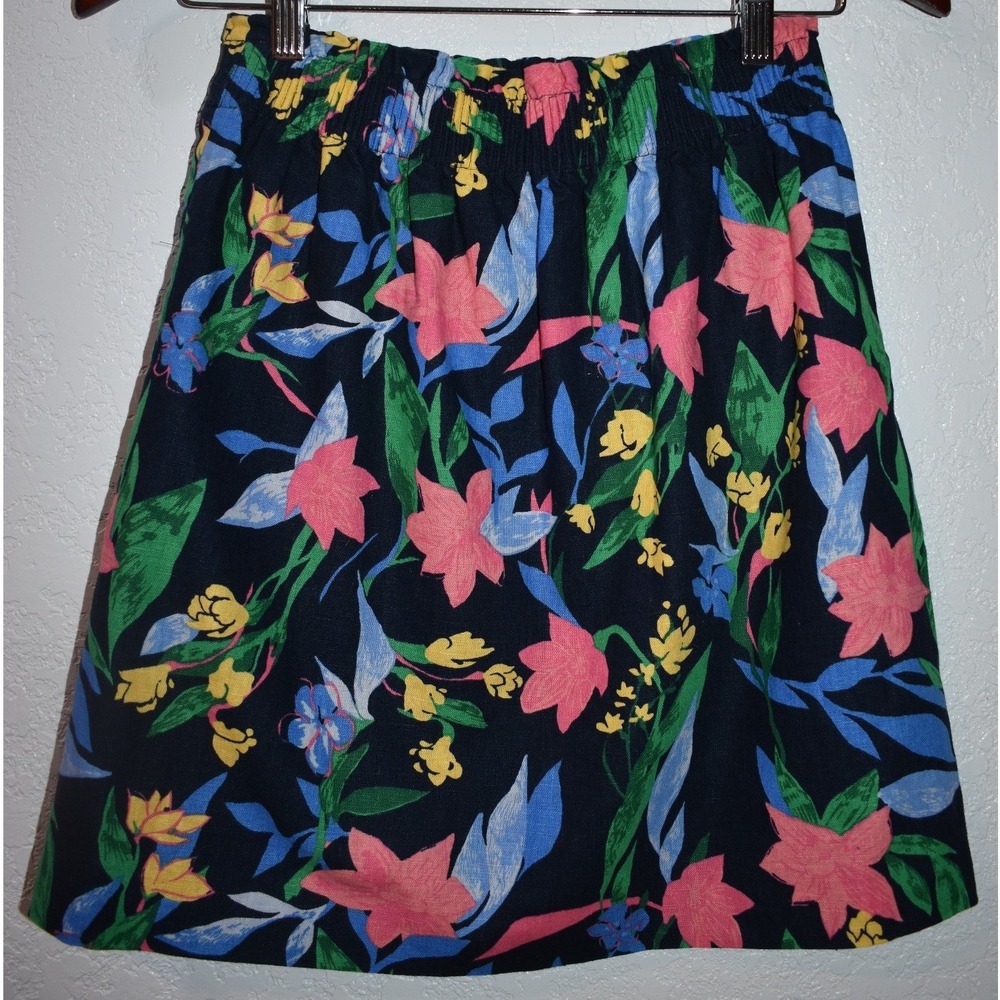 J.Crew 0 Mini Skirt Linen Blend Lined Tropical Navy Floral PULL-On Elastic Waist